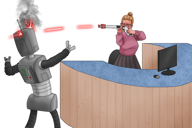 The receptionist turned (receptor) around when she detected the robot and shot a laser (electrical impulse) at it.